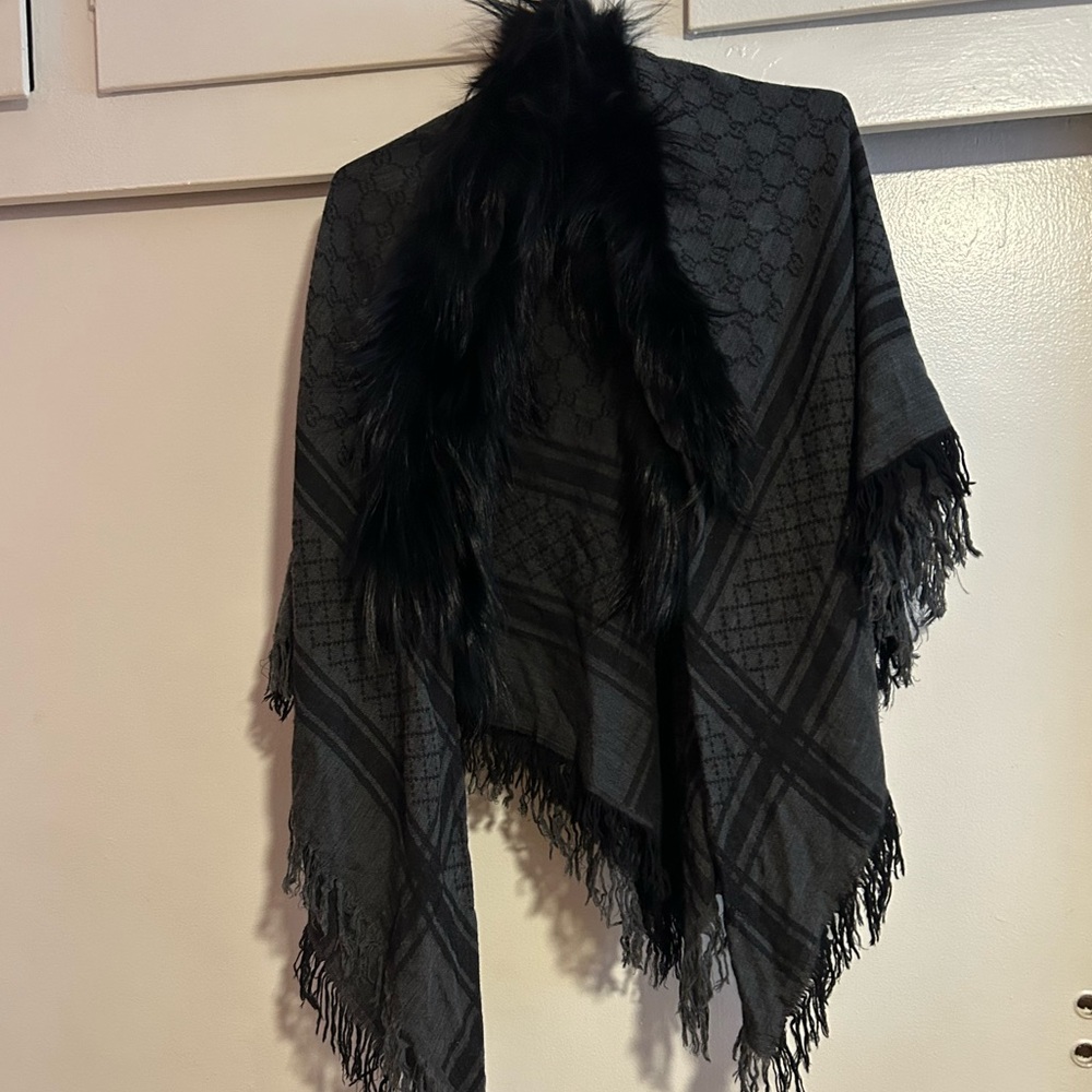 Grey and Black Gucci Scarf with Fox Fur and Fringe